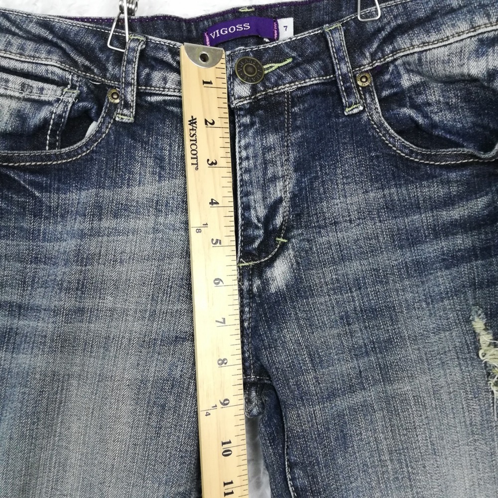 Vigoss Womens Jeans Flare Low Flap Pocket Blue Denim Vintage Wash Distressed 7 - Picture 3 of 10
